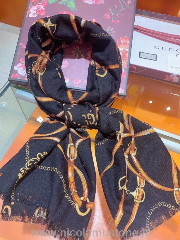 Qualità Originale Gucci Morsetto Gg Logo Motivo Cashmere Sciarpa 190 Cm Collezione Autunno/inverno 2019 Nero/multi